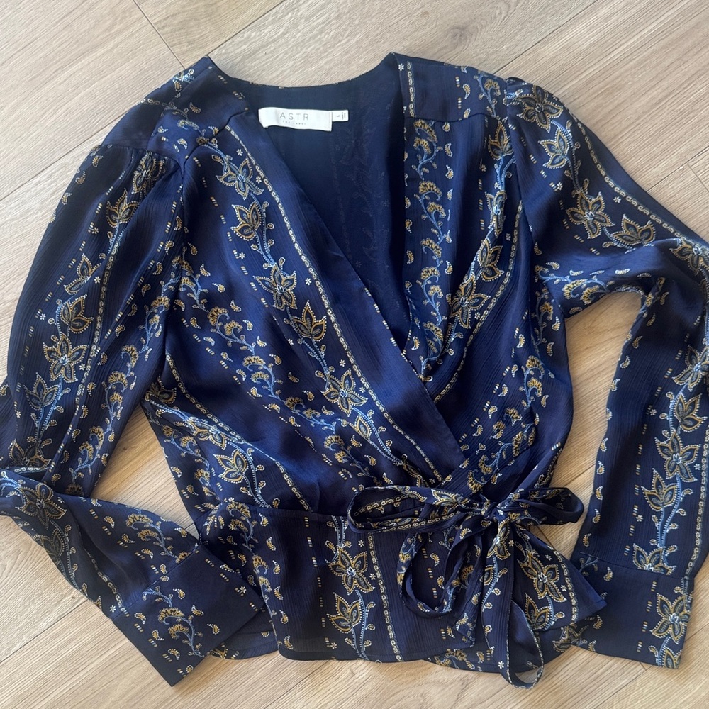 Astr Midnight Blue Floral Wrap Blouse